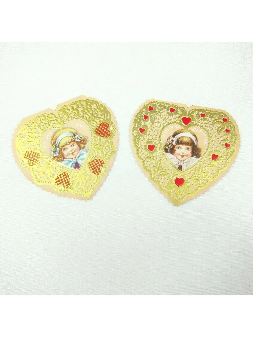 Lot 2 Vintage Valentine Die cut Fold Girl Angels Gold Embossed 1920-30s UNSIGNED